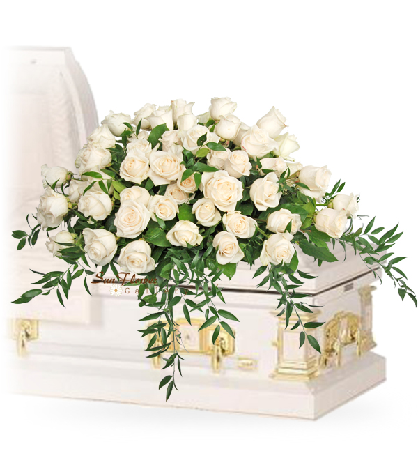 just white roses casket spray